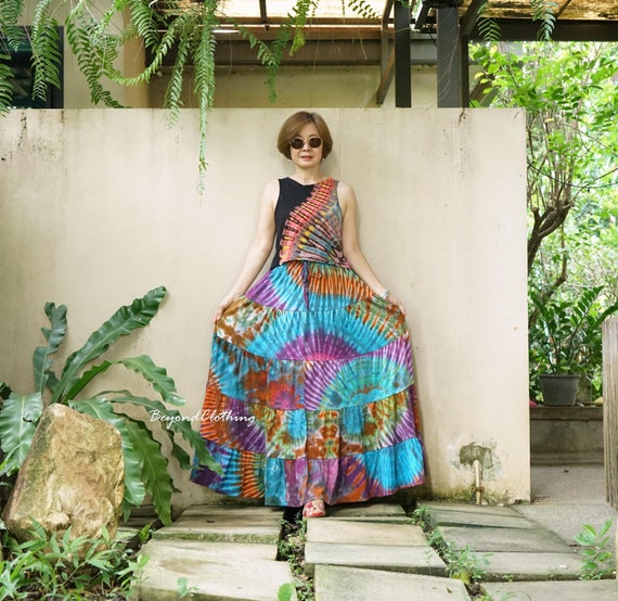Boho Patched Tie Dye Tiered Skirt Boho Rainbow Tie Dye Cotton