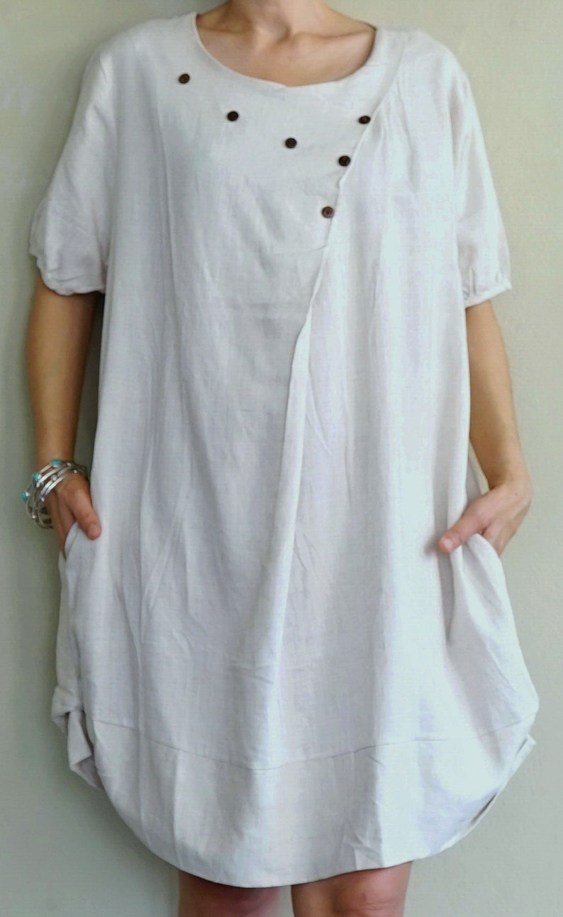 Boho Chic Smart Casual Short Sleeve Creamy White Cotton Mix Linen Pleated Front Boho Dress Tunic With Curve Hem