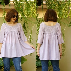 Lovely Boho Raglan Sleeve Pale Lavender Light Cotton Peasant Top With Hand Embroidery Peasant Blouse With Hand Embroidery