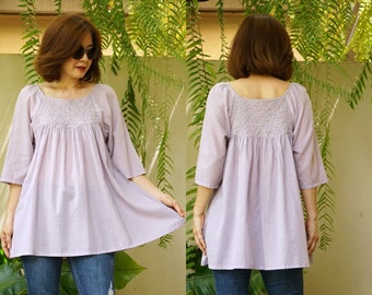 Lovely Boho Raglan Sleeve Pale Lavender Light Cotton Peasant Top With Hand Embroidery Peasant Blouse With Hand Embroidery
