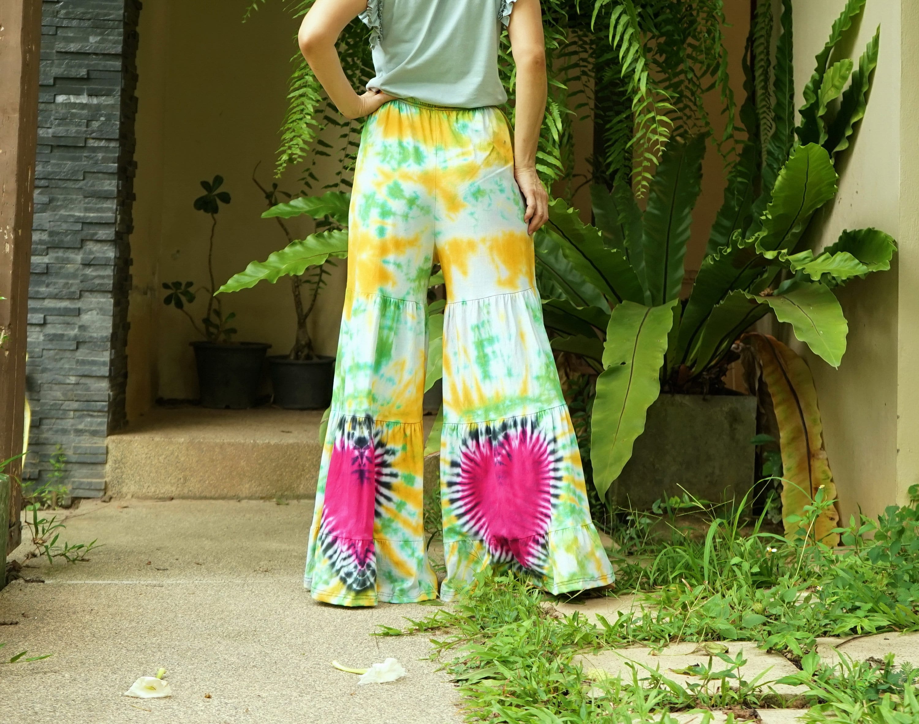 Boho Tie Dye Flare Pants: Ruffle Tiered Wide Leg Cotton Festival