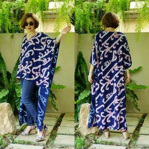 Boho Chic Casual Top Printed Dark Navy Blue Nano Rayon Short Front Long Back High Low Hem Summer Caftan Kaftan Women