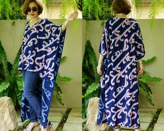 Boho Chic Casual Top Printed Dark Navy Blue Nano Rayon Short Front Long Back High Low Hem Summer Caftan Kaftan Women