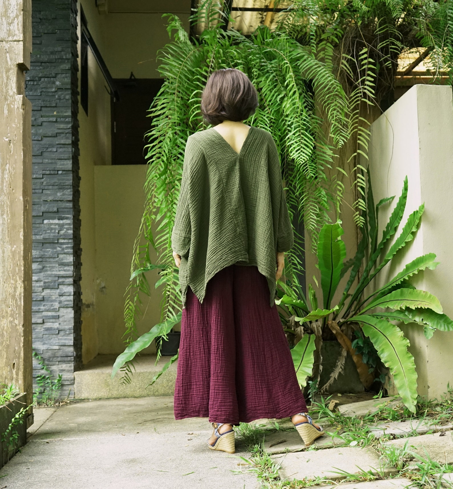 Boho Olive Double Gauze Cotton Poncho Top Oversize 3/4 Dolman Etsy