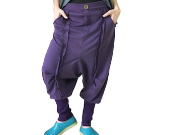 Unisex Ninja Harem Funky Stretch Cotton Jersey Mix Polyester Dark Purple Pants Avant Garde Pants With Elastic Back Waist & 2 Pockets - P080