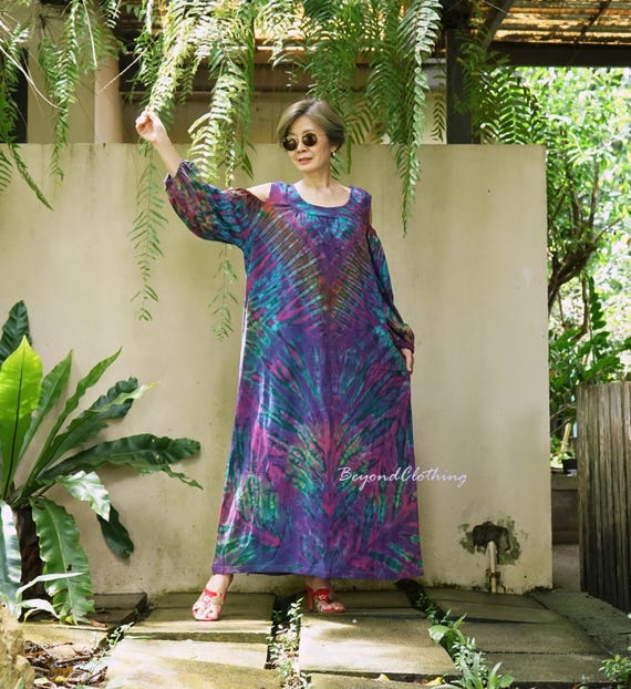 tie dye cotton dress Tie Dye Cotton Maxi Dress: Cold Shoulder Boho Festival Clothing LD4B