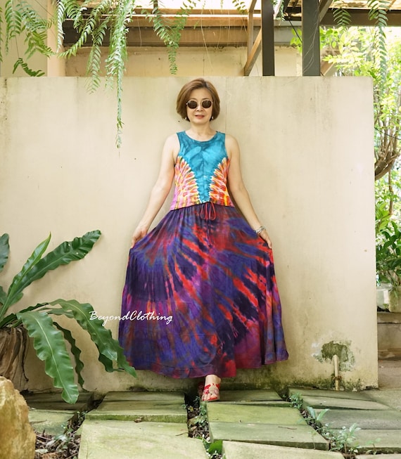 Rainbow Tie Dye Tiered Cotton Skirt: Boho Festival Clothing TS2J