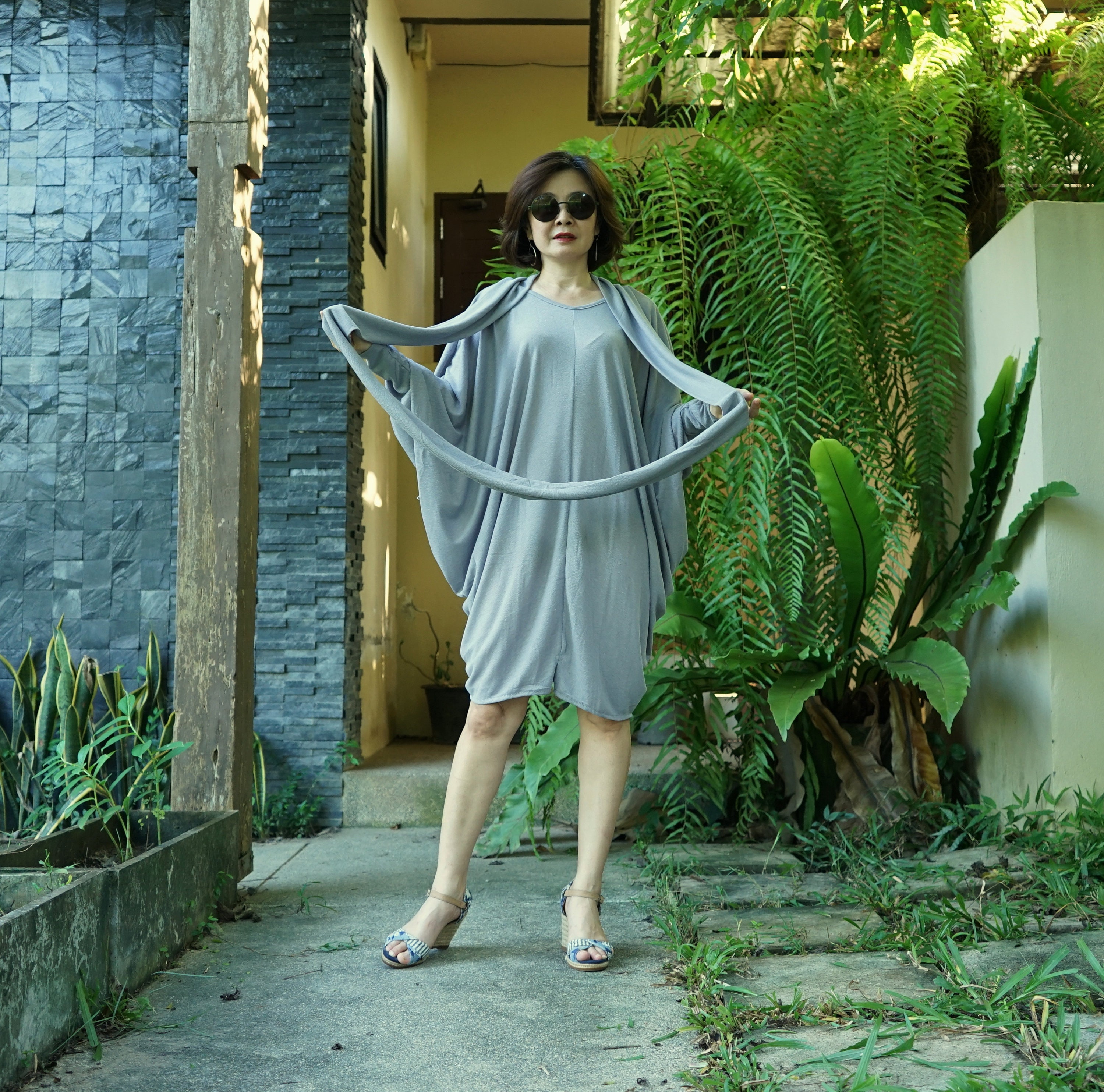 Plus Size Viscose Cocoon Dress: Gray Lagenlook Boho Tunic with Scarf - TN216