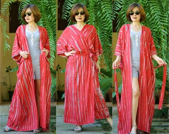 Women's Kimono Style Red Tie dye Rayon Robe, Boho Tie Dye Kimono Robe, Kimono Kaftan Tie Dye Robe, Beach Cover Ups