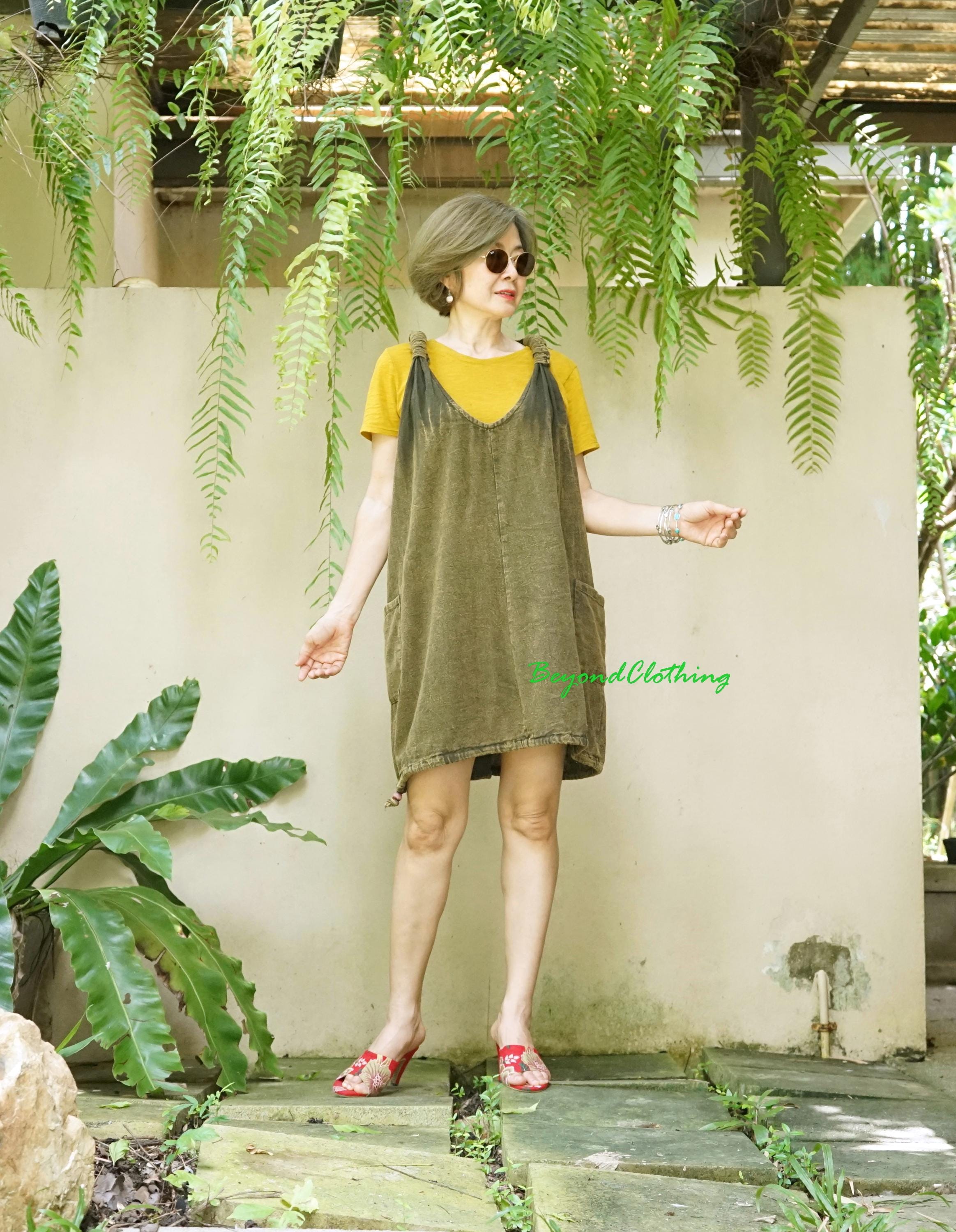 Boho Stonewashed Cotton Pinafore Dress: Relaxed Fit Mini Jumper - PD3B