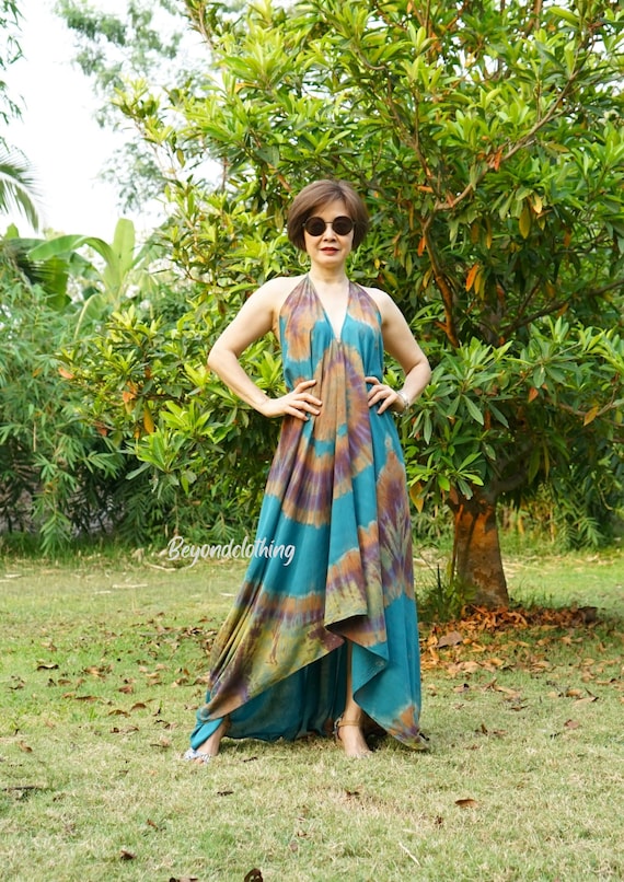 tie dye asymmetrical dress Boho Tie Dye Rayon Dress: Deep V Neck, Open Back, Asymmetrical Hem - TD1C