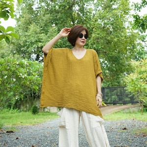 Mustard Gauze Cotton Poncho Top Oversize Plus Size Boho Loose Fit Chic Casual Lagenlook Mustard Gauze Cotton Blouse Poncho Top DB7 image 1