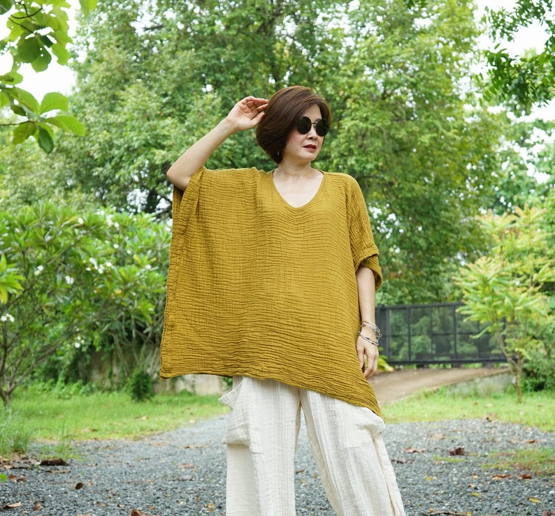 Mustard Gauze Cotton Poncho Top Oversize Plus Size Boho Loose Fit Chic Casual Lagenlook Mustard Gauze Cotton Blouse Poncho Top DB7 image 1