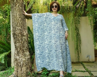 Oversize V Neck Dark Navy Blue Graphic Printed Light Cotton Maxi Kaftan Dress Women Boho Sun Dress Resort Dress Summer Dress K03