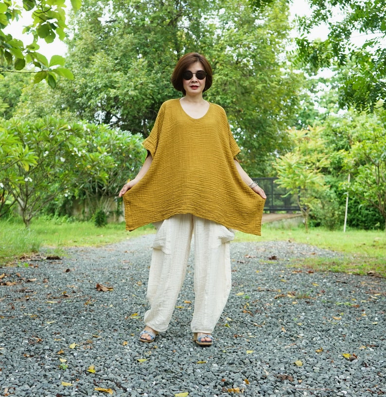 Mustard Gauze Cotton Poncho Top Oversize Plus Size Boho Loose Fit Chic Casual Lagenlook Mustard Gauze Cotton Blouse Poncho Top DB7 image 2