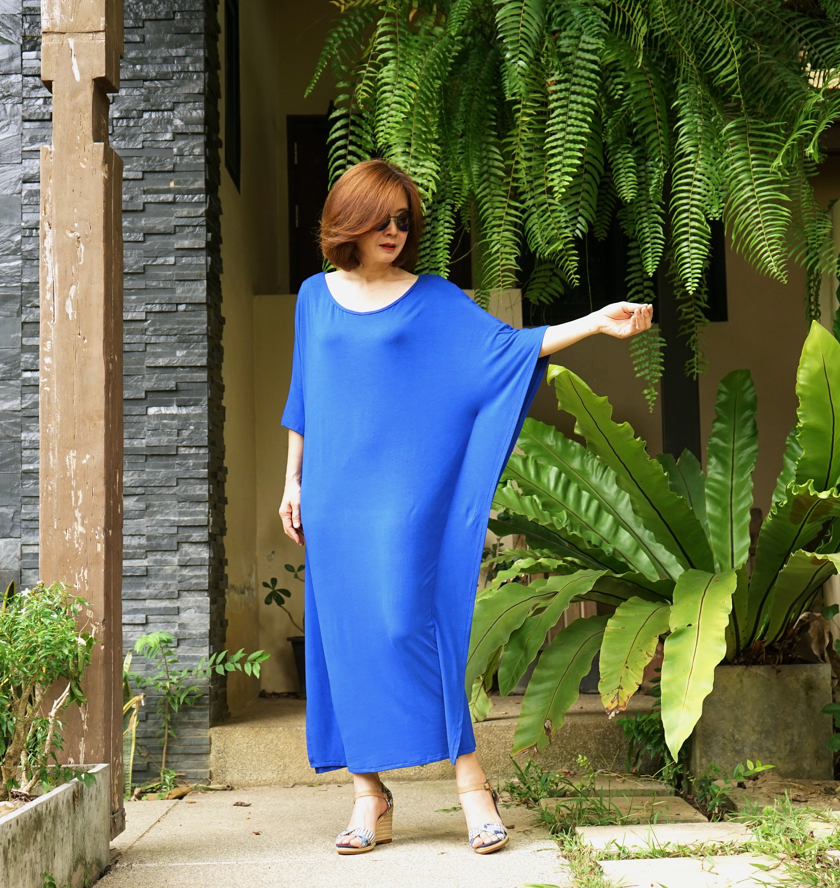 Oversize Dress Wide Scoop Neck Neon Blue Rayon Jersey Chic