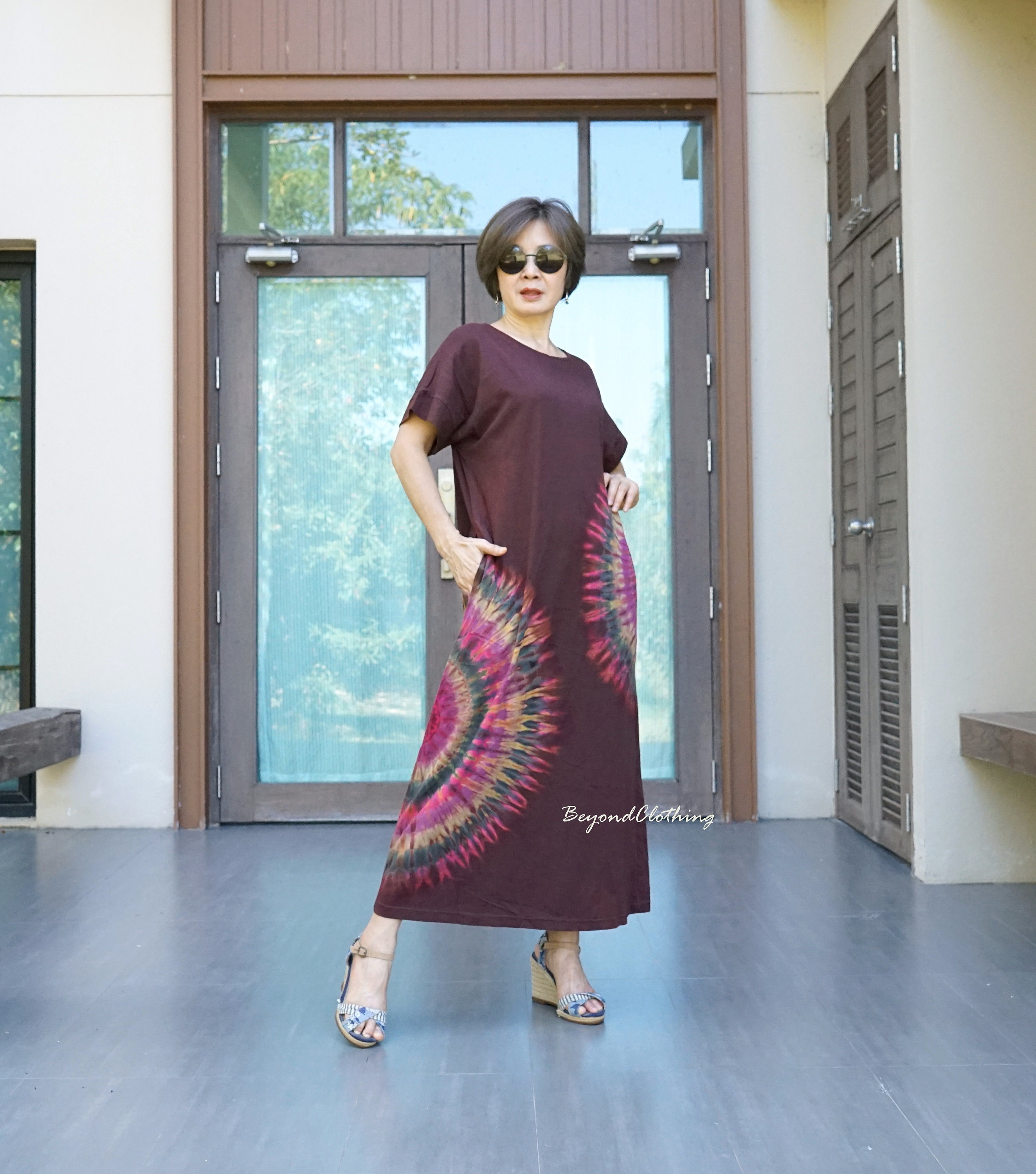 Boho Oversize Short Batwing Sleeve Tie Dye Cotton Dress