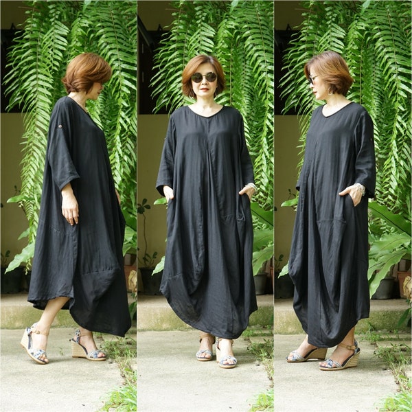 Scoop Neck Long Sleeve Black Double Gauze Cotton Lagenlook Dress, Boho Oversize Lagenlook Dress - DB551