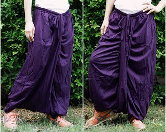 Dark Purple Cotton Jersey Harem Skirt Pants Boho Pants Extravagant Pants Drop Crotch Pants With Elastic Waist & Adjustable Drawstring P046