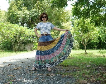 お得なセール情報 Boho Hippie Funky Full Circle Printed Tiered Maxi Denim Clothing