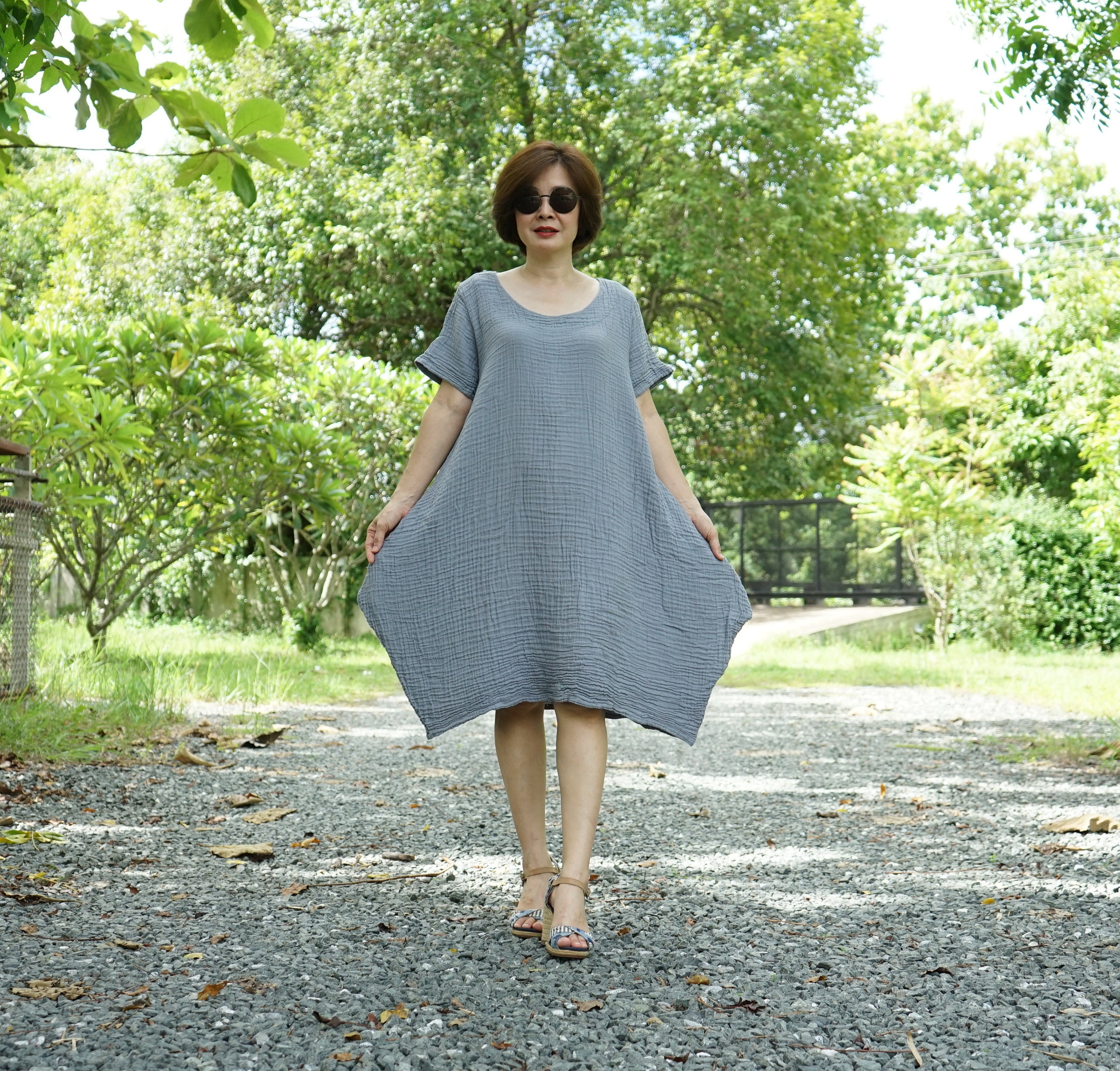 Boho Gray Double Gauze Cotton Tunic Dress: Scoop Neck Midi With