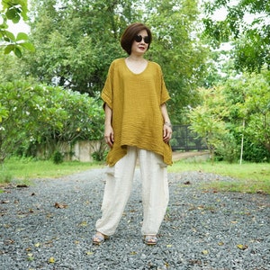 Mustard Gauze Cotton Poncho Top Oversize Plus Size Boho Loose Fit Chic Casual Lagenlook Mustard Gauze Cotton Blouse Poncho Top DB7 image 3