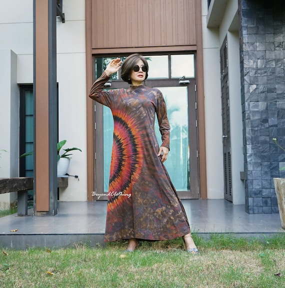 Boho Tie Dye Cotton Long Sleeve Dress: High Neck Festival Resort Wear - LD26