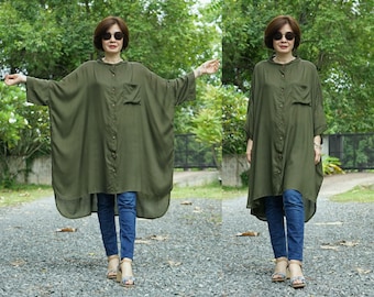 Oversize Funky Boho Minimalist Band Collar 4/5 Sleeve Front Opening Olive Light Rayon Top Tunic