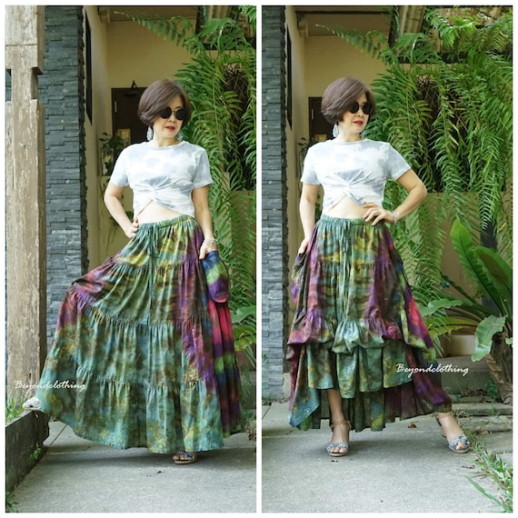 Tie Dye Cotton Tiered Skirt: Boho Rainbow Festival Clothing TH1A