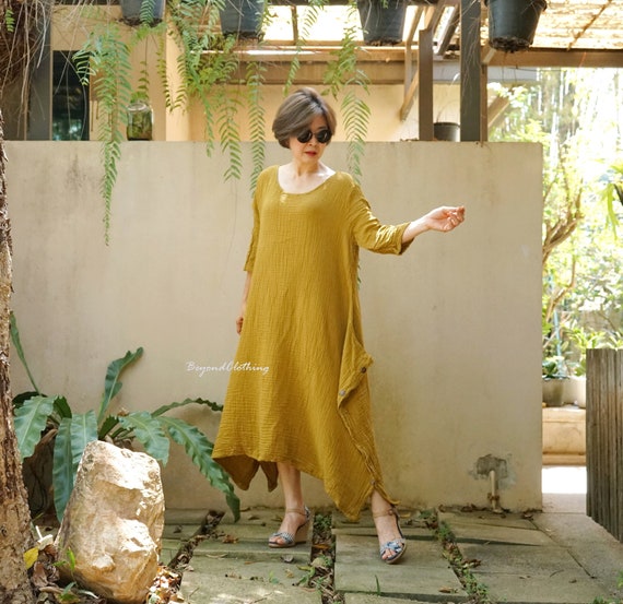 Boho Mustard Cotton Gauze Dress: Asymmetric Lagenlook Flap Side DB13