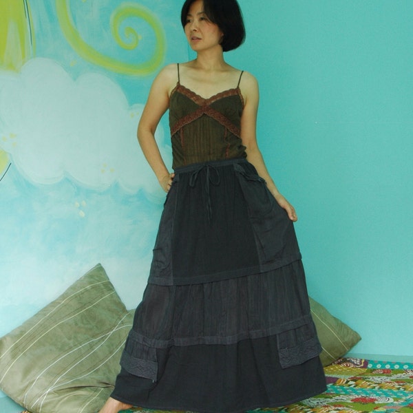 What You Thought...Cotton Skirt With Cotton Lace Hand Dyed In Dark Charcoal