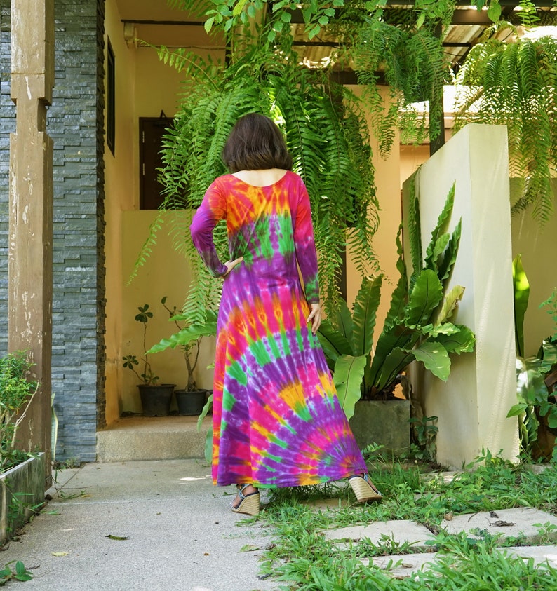 Boho Long Sleeve Flare Hem Tie Dye Cotton Jersey Maxi Dress Bohemian Rainbow Dress Festival Clothing Colorful Holiday Dress JB4F