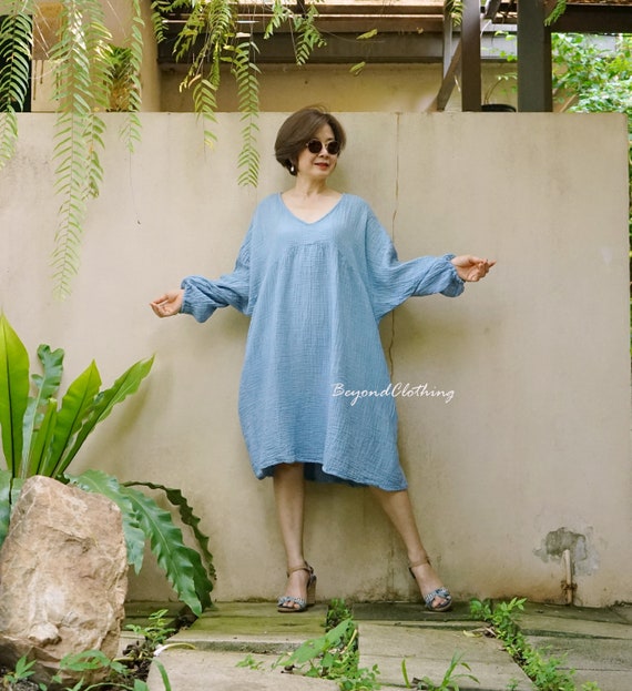 Long Sleeve Tunic Dress With Pockets Blue Double Gauze Cotton Tunic Dress:  Boho Oversize Long Sleeve DB1