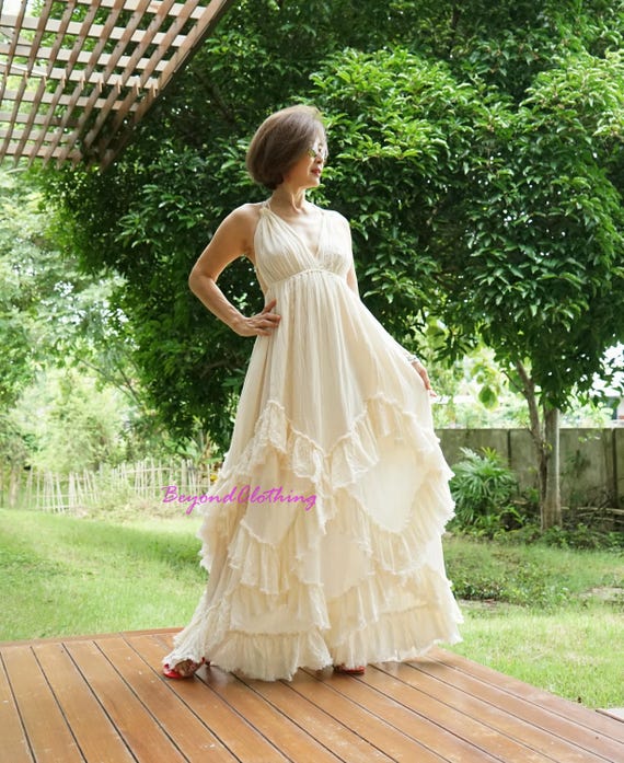 gauze beach wedding dresses Boho Maxi Dress Ruffle Tiered Gown Open Back Halter Bridal BD023 It is the quintessential