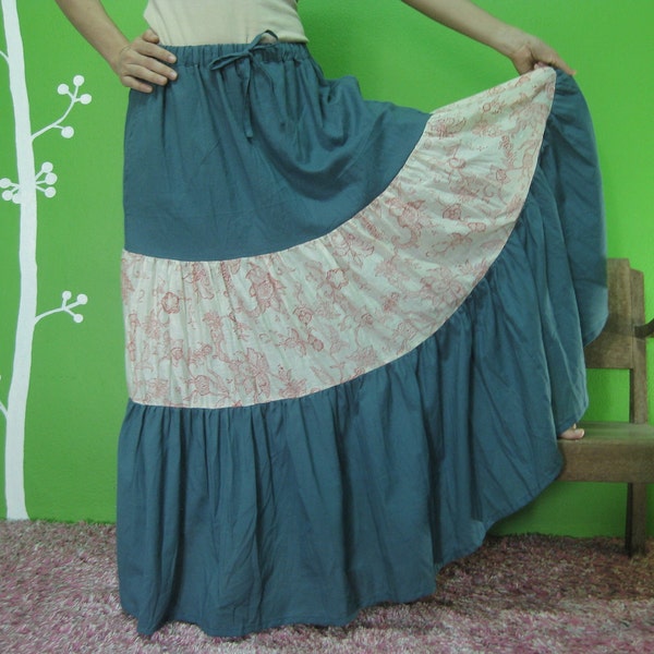 One Summer Dream...Azo Free Dusty Dull Teal Green Boho Tiered Skirt With 2 side pockets