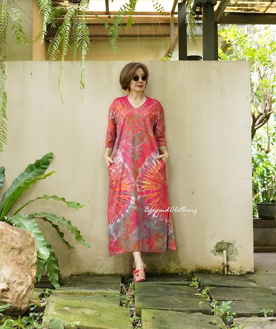 dye cotton dress Boho Tie Dye Cotton Dress: V Neck 3/4 Sleeve Resort Wear festival Clothing