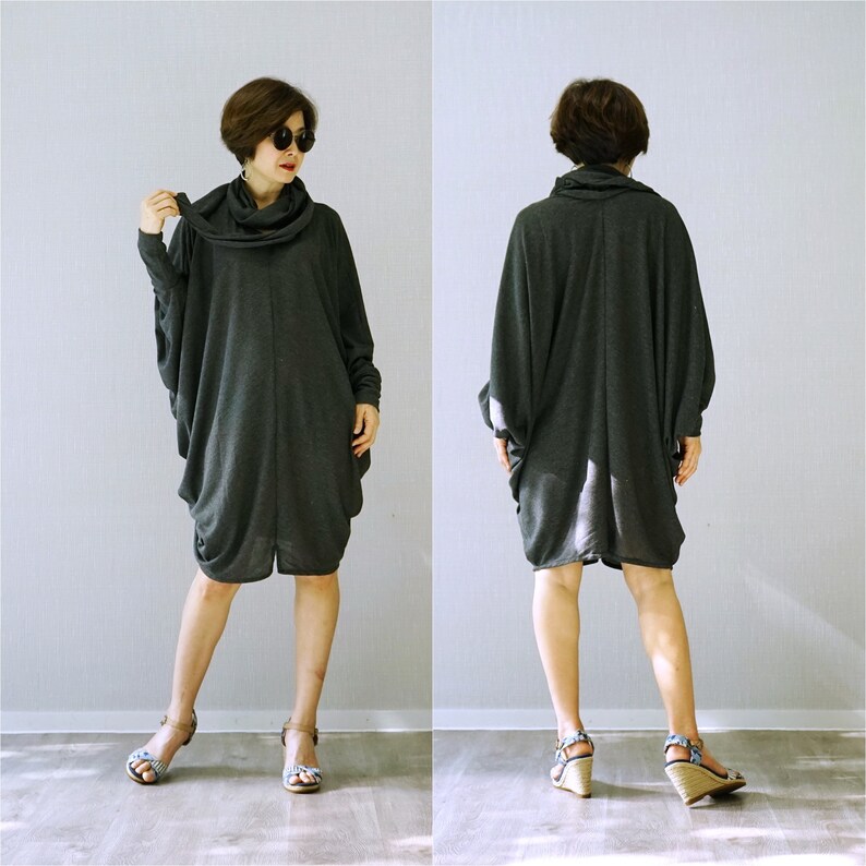 TN216 Oversize Funky Boho V Neck Longsleeve Hearther Black Viscose Sweat Tunic Sweater Dress Lagenlook Top With Scarf Slouch Dress Tunic