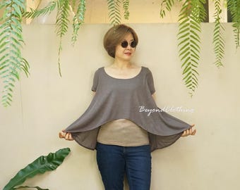 Asymmetrical Cotton Blend Top: Folded Sleeves, Flowy Blouse - LT02F