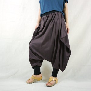 Funky Harem Boho Drop Crotch Dark Brown Cotton Jersey Pants With Wide Flap Side And Black Waist - P101