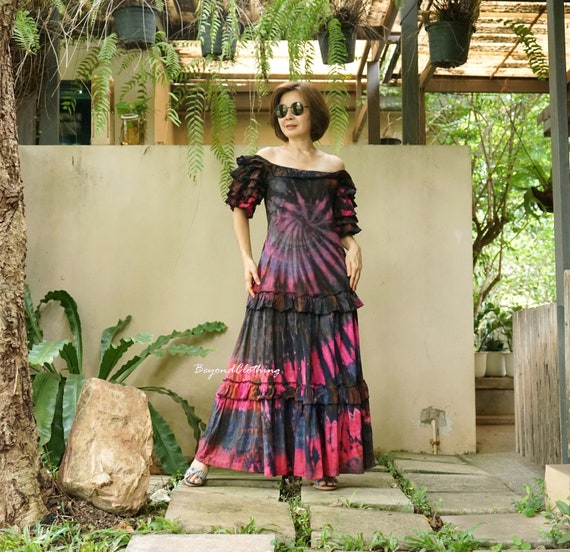 Tie Dye Maxi Dress: Ruffle Sleeve Off Shoulder Cotton Tiered Dress Festival Clothing - LD53C Tie Dye Maxi Dress: Ruffle Sleeve Off Shoulder Cotton Tiered Dress Festival Clothing - LD53C