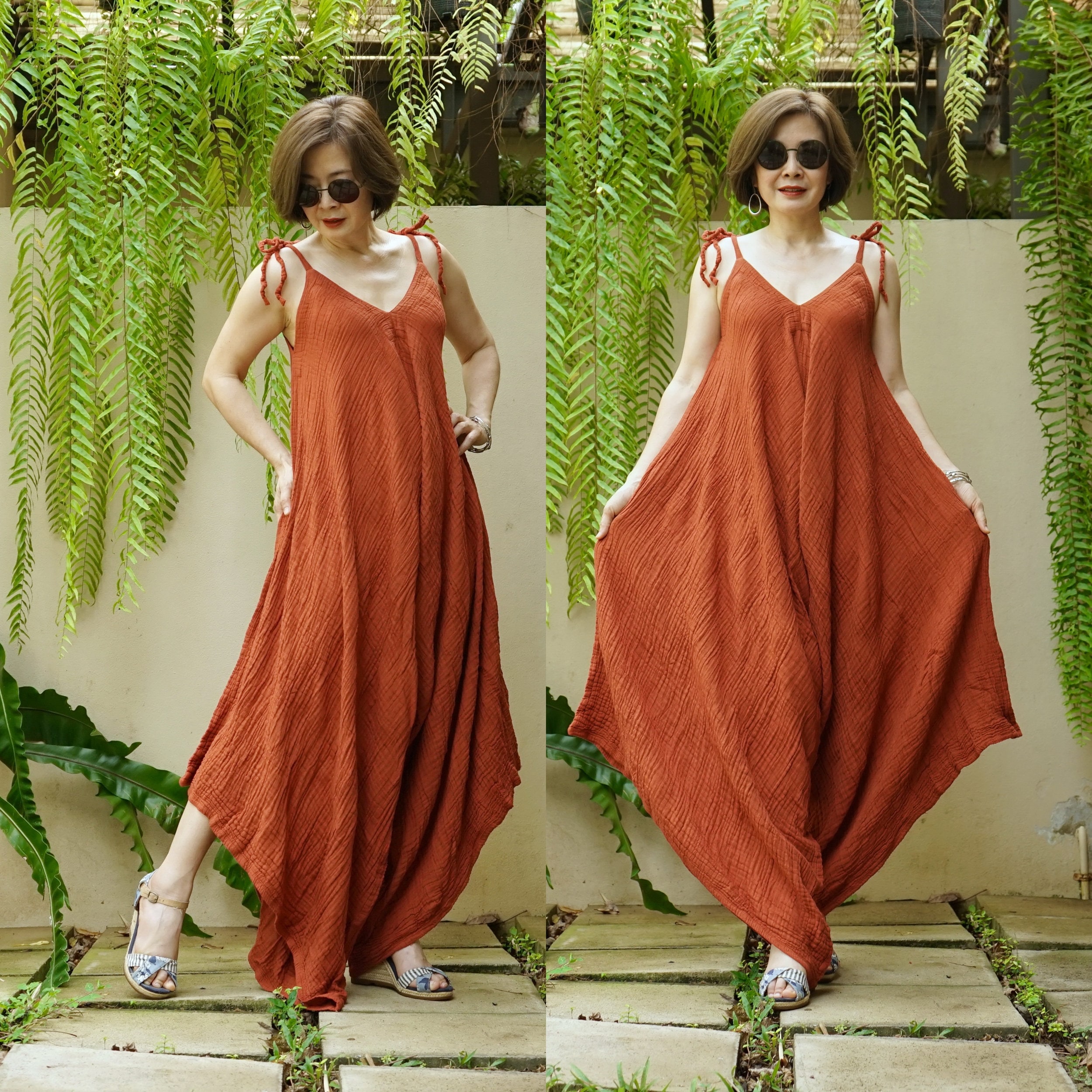 Rust Orange Double Gauze Cotton Gauze Harem Jumpsuit: V-neck Tie