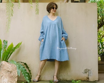 Boho Long Sleeves V Neck Oversize Blue Double Gauze Cotton Tunic Dress, Oversize Blue Double Gauze Cotton Tunic Dress - DB1