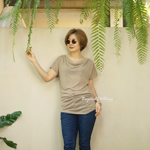 Women Cotton Blend Cowl Neck Tee, Casual Short Sleeve Light Weight Beige Cotton Blend Top Te, Chic Summer Tee Top - LT01