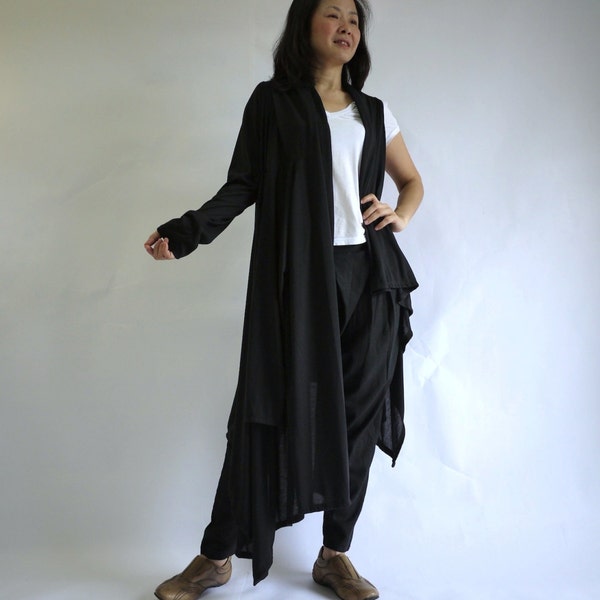 2 in 1 - Langarm oder asymmetrische Saum ärmellos schwarz Baumwolle Mix aus Polyester Tunika wickeln, Strickjacke oder Weste
