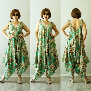 V Ausschnitt Krawatte Schulter Weites Bein Teal Grün Bedruckter Baumwolle Jumpsuit Lagenlook Bedruckter Harem Jumpsuit Bedruckter Baumwolle Loungewear Strampler Spielanzug