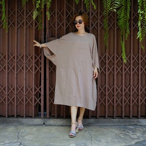 SALE - Oversize Loose Fit Plus Size 3/4 Sleeve Drop Shoulder V Neck Azo Free Color Taupe Brown Light Cotton Boho Dress With Lining - SM688