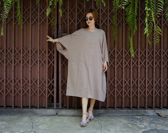 SALE - Oversize Loose Fit Plus Size 3/4 Sleeve Drop Shoulder V Neck Azo Free Color Taupe Brown Light Cotton Boho Dress With Lining - SM688