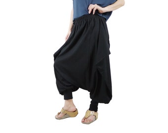 Black Cotton Harem Pants: Boho Drop Crotch with Wide Flap - P101