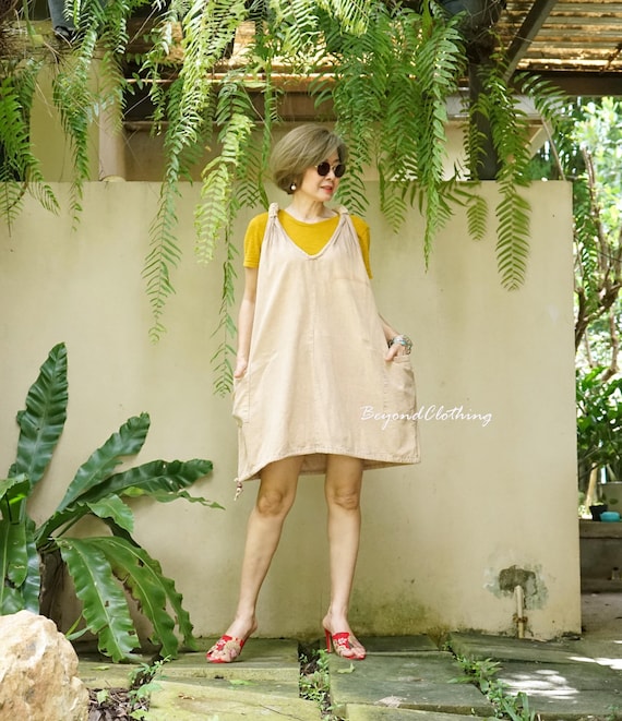 Boho Stonewashed Cotton Pinafore Dress: Relaxed Fit Y-Back Mini Jumper-PD3E