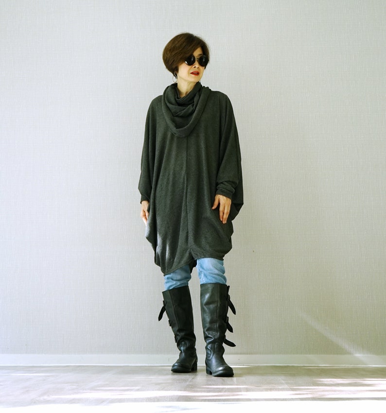 TN216 Oversize Funky Boho V Neck Longsleeve Hearther Black Viscose Sweat Tunic Sweater Dress Lagenlook Top With Scarf Slouch Dress Tunic